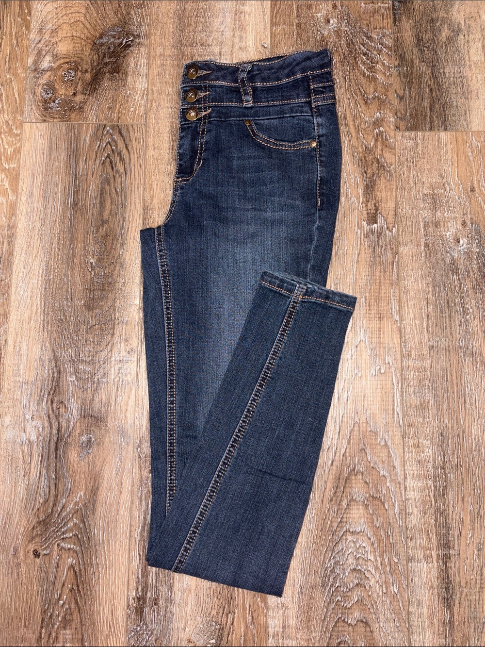 Blue Spice Dark Indigo High-Rise Skinny Jeans with Triple Button Waist